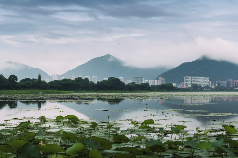 夏天满湖的绿色的荷叶荷花与云海和沿湖的建筑,高清,摄影图,摄影图片,图片大全,摄影图免费下载